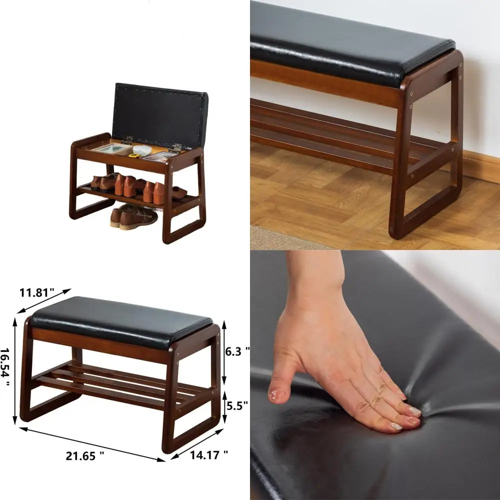 2-Tier Solid Wood Shoe Bench with Cushion and Storage, Ideal for Entryway or Mudroom (Black, 21.65'')