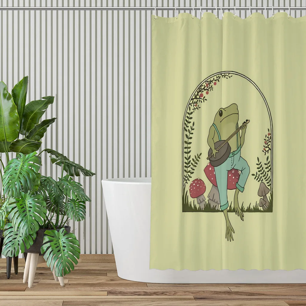 Cottagecore Aesthetic Playing Banjo on Mushroom Vintage Bathroom Shower Curtains Frog Waterproof Partition Curtain Home Decor