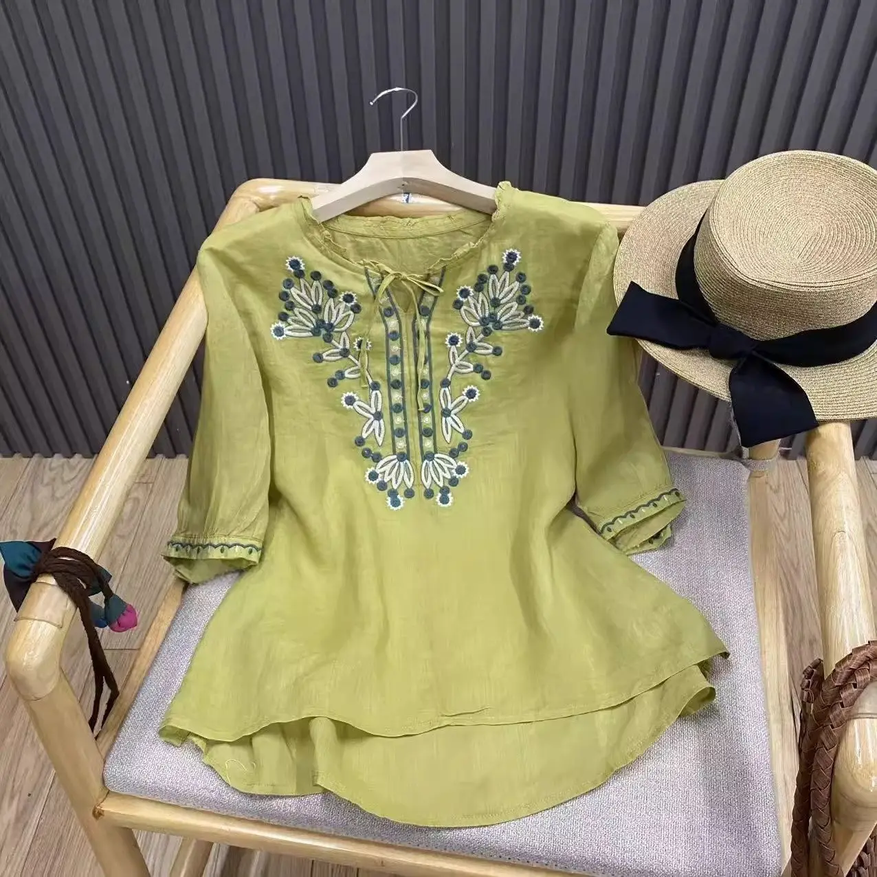 Retro Embroidered Tie Summer Ear Collar Pullover Shirt Artistic Mid-sleeve Loose Thin Top