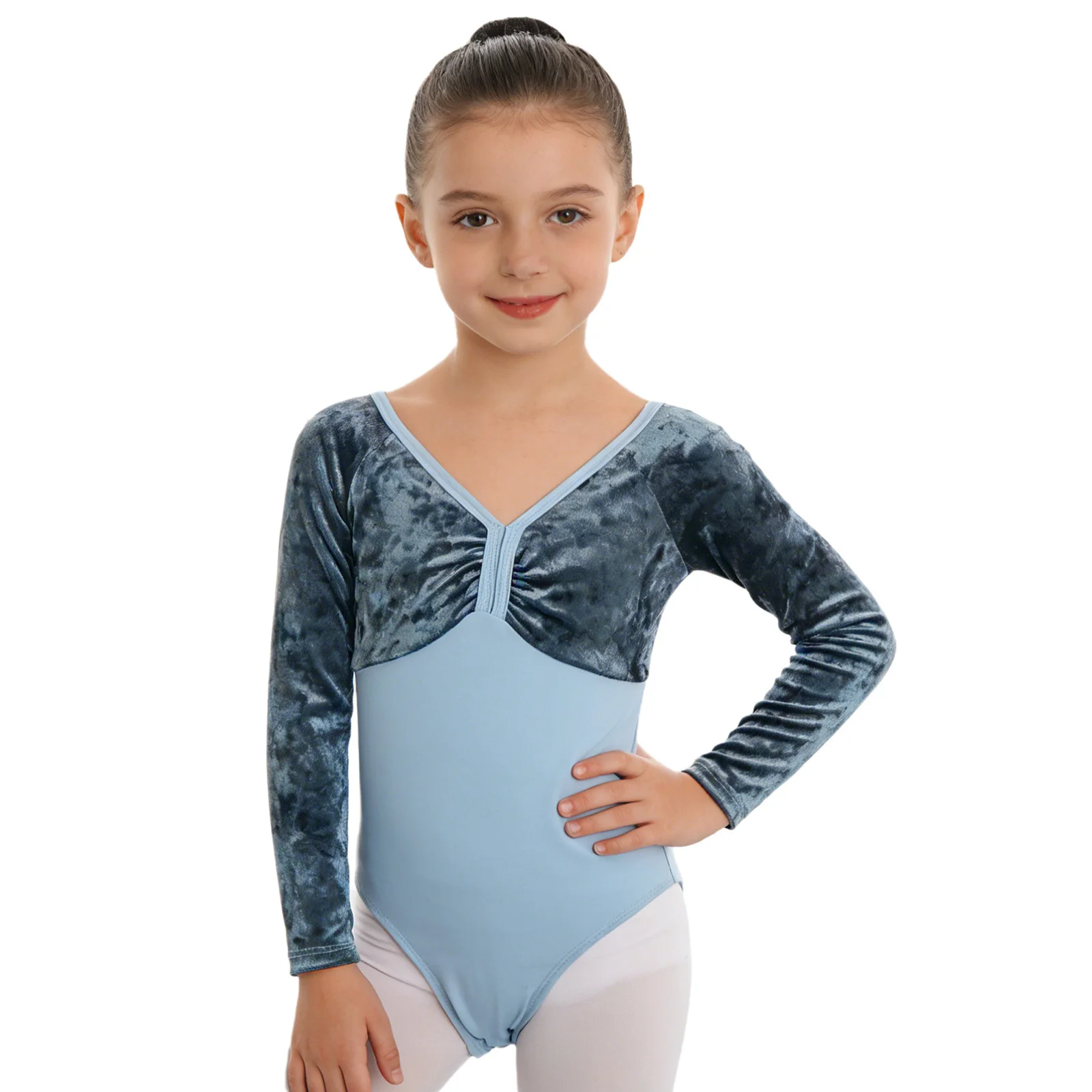 ชุดบอดี้สูทบัลเล่ต์สำหรับเด็กผู้หญิง ชุดเต้นรำกำมะหยี่แบบต่อผ้า แขนยาว สีพื้น ชุดยิมนาสติก ชุดเต้นบัลเล่ต์