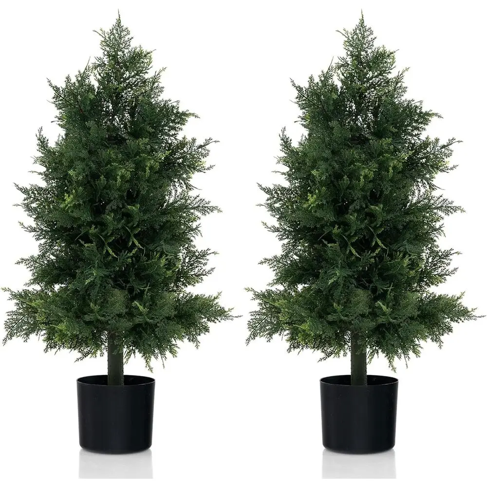 

Set of 2 Potted Artificial Cypress Trees with Cement Plastic Pots, Evergreen Plants for Indoor or Outdoor Home Front Porch Decor