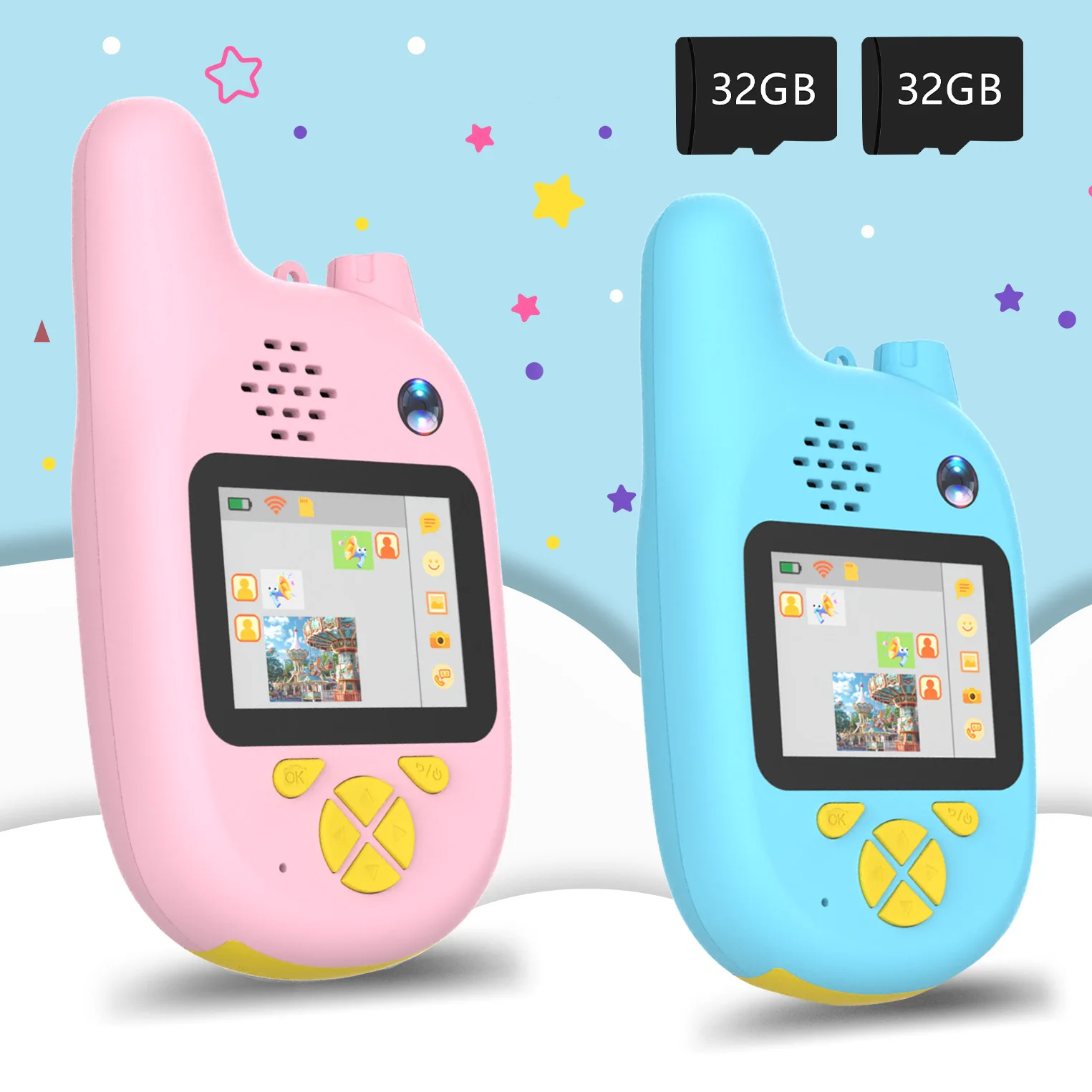 

Walkie talkies for Kids, Kids video walkie talkies 2 pcs with 2 PCS 32 GB, face to face talkies, 70-200M,Festive gift for kids