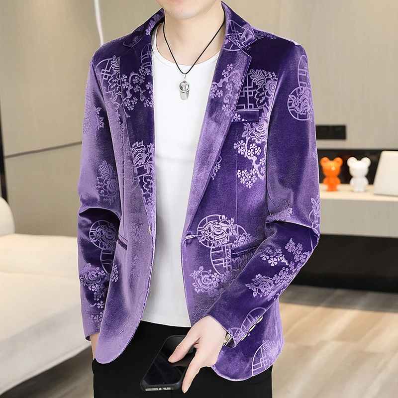 

Chinese Style Velvet Suit Blazer Men Slim Fit Casual Business Suit Jackets 2024 Spring Office Social Banquet Party Dress Coats