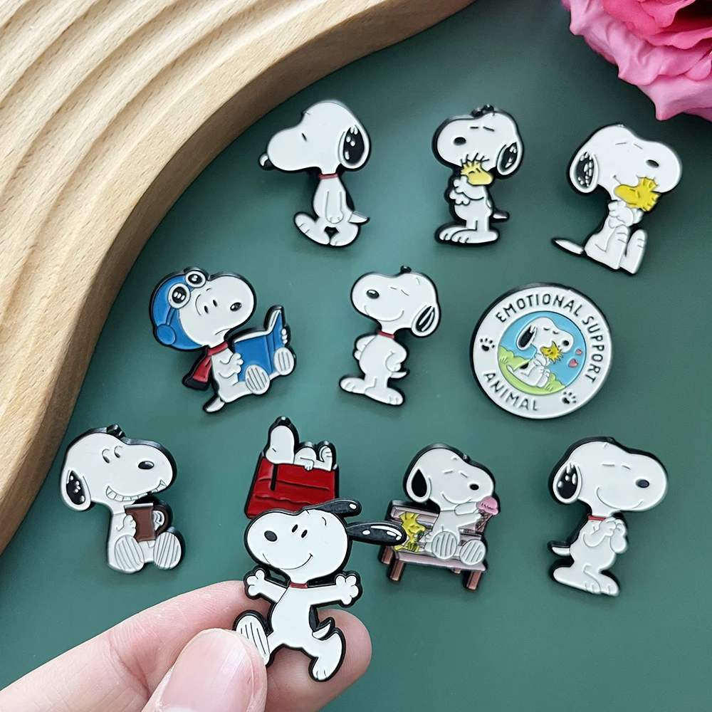 11Pcs Snoopy Enamel Pins Set Cute Cartoon White Dog Brooches Lapel Badges for Backpack Creative Gift for Friends