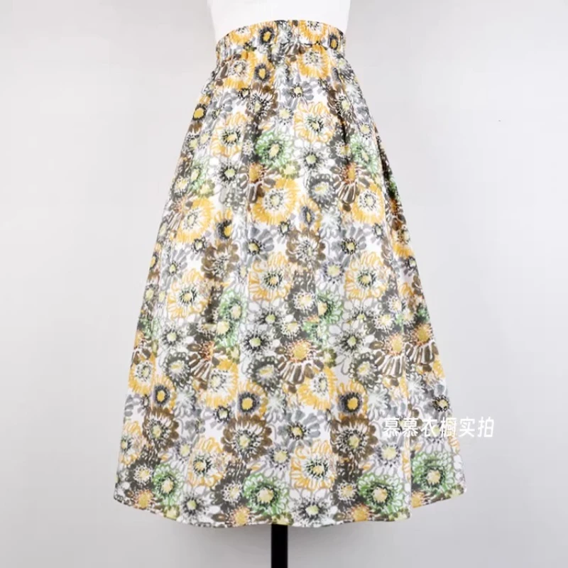 Women Floral Print Elastic Waist Midi Skirt with Pockets A-Line French Oil Painting Flower Flowy Skirt Causal Holiday Outfits
