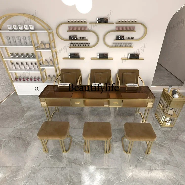 Y136  Fashion brown single-layer glass manicure table single double triple manicure table chair set
