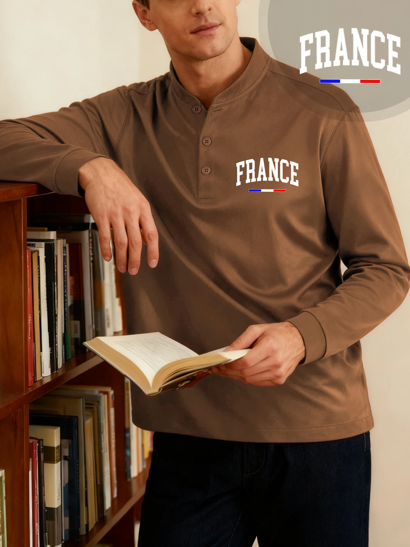 فرنسا رسالة الإبداع يطبع هينلي قمصان الرجال هينيري الرقبة الملابس الأساسية الشارع الكلاسيكية تي شيرت عادية قاع كم طويل