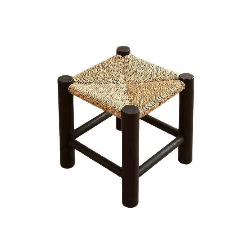 Household woven low stool, solid wood living room sofa tea stool retro small chair