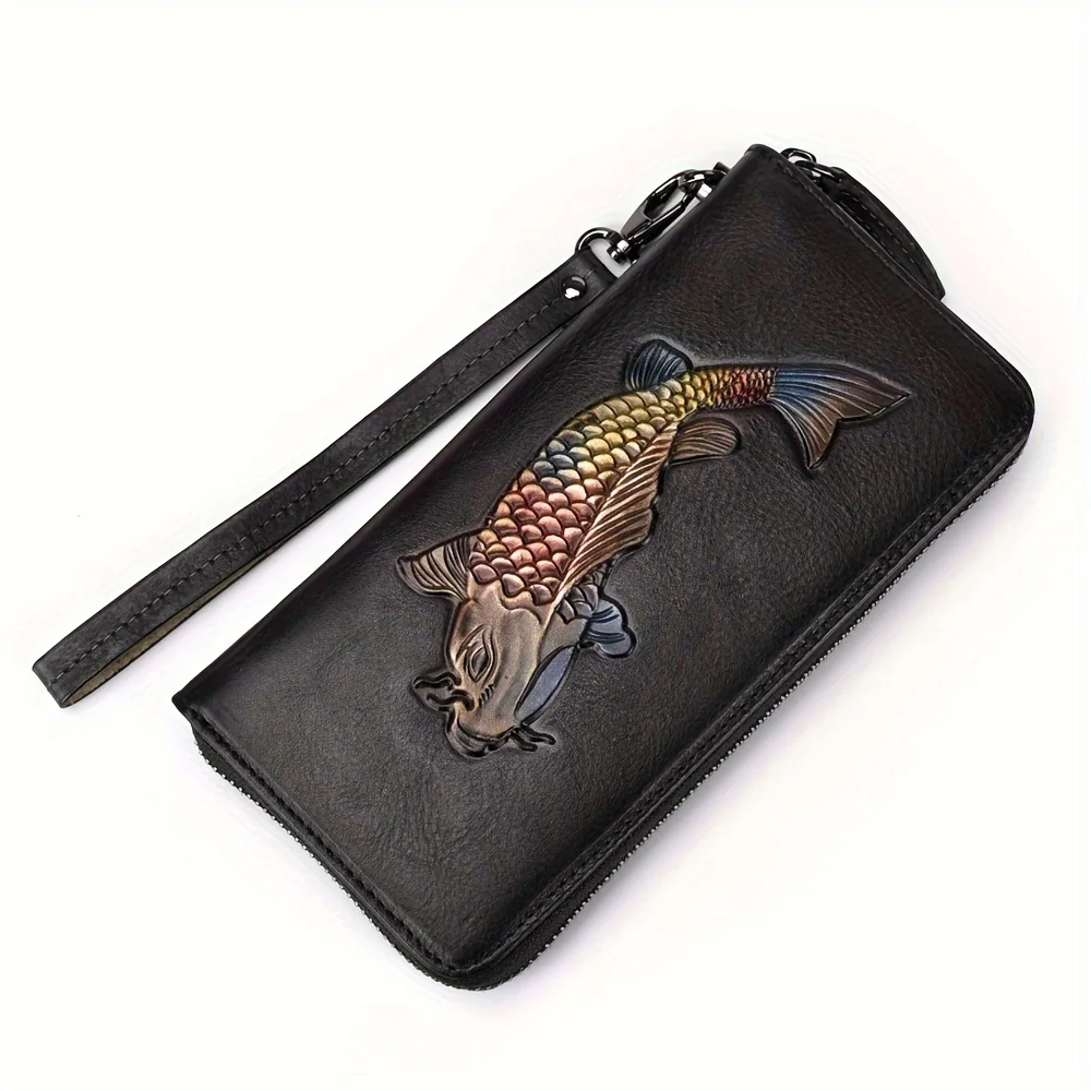 Vintage Style Fish Pattern Long Clutch Wallet, Zipper Around Coin Purse, Classic Textured Large Capacity Credit Card Holder