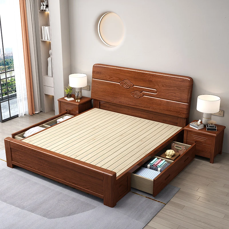 @￥Modern Minimalist Style Black Walnut Finish Soft Leather Upholstery for Master Bedroom New Chinese Wood Bed With Lift Gas