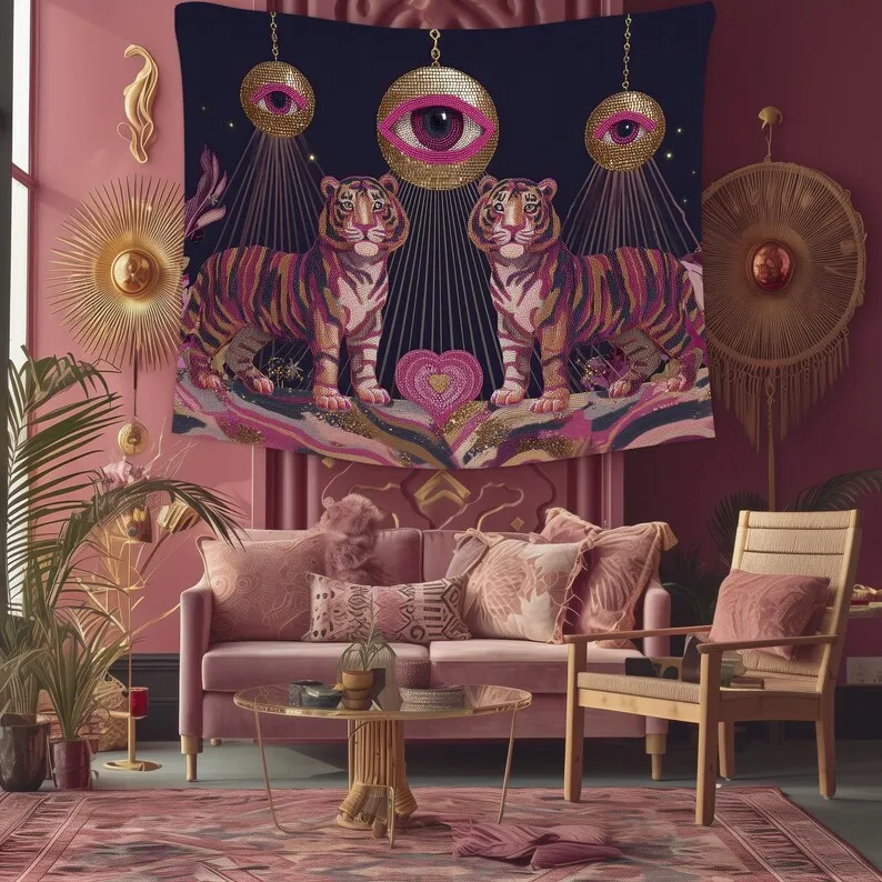 Tiger eyes wall tapestry psychedelic art boho home decor mystical animal print bedroom decoration