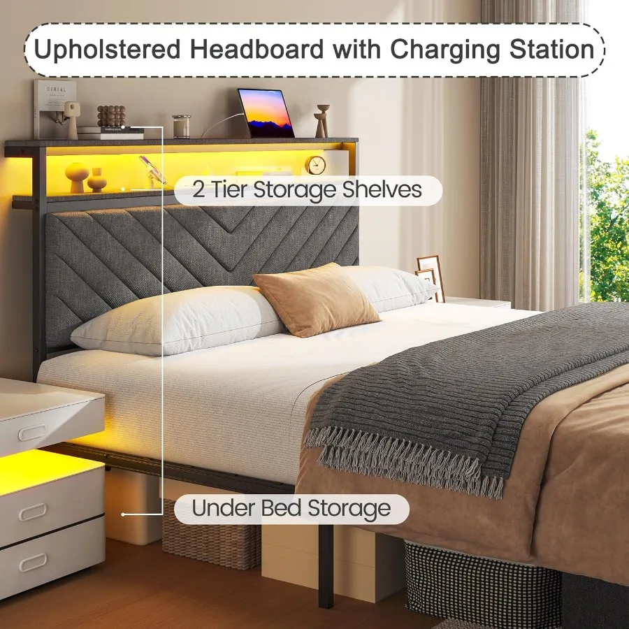 Queen Bed Frame with 2 Drawers Upholstered Headboard with Storage and Charging Station LED Lights Fabric Drawers with Wheels Un - Image 4