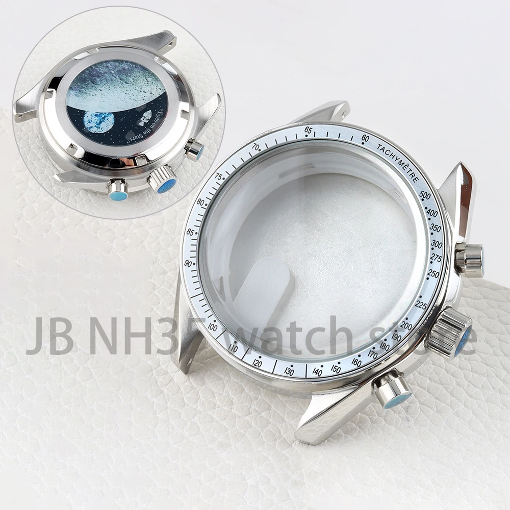 

40mm VK63 Case Silver Bezel Moon Pattern Case Back Waterproof for Chronograph VK63 VK64 Movement 32.5mm Dial Stainless Steel