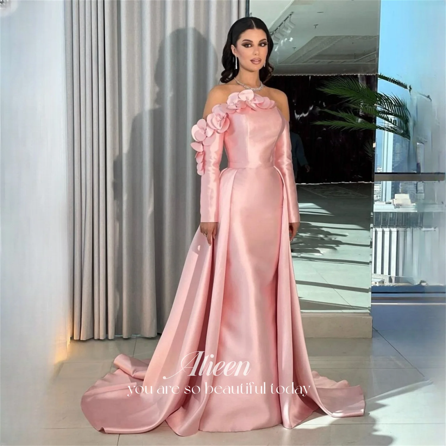

Aileen Pink Flowers Satin A-Line Evening Dress 2026 One-Shoulder Full Sleeve Floor Length Prom Dress Party Gowns Customized