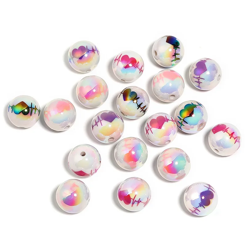 Fresh New 100pcs 16m AB Colors Love Heart Painting Round Acrylic Gumball Beads Fit Bracelet Necklace Earring Ornament Accessory