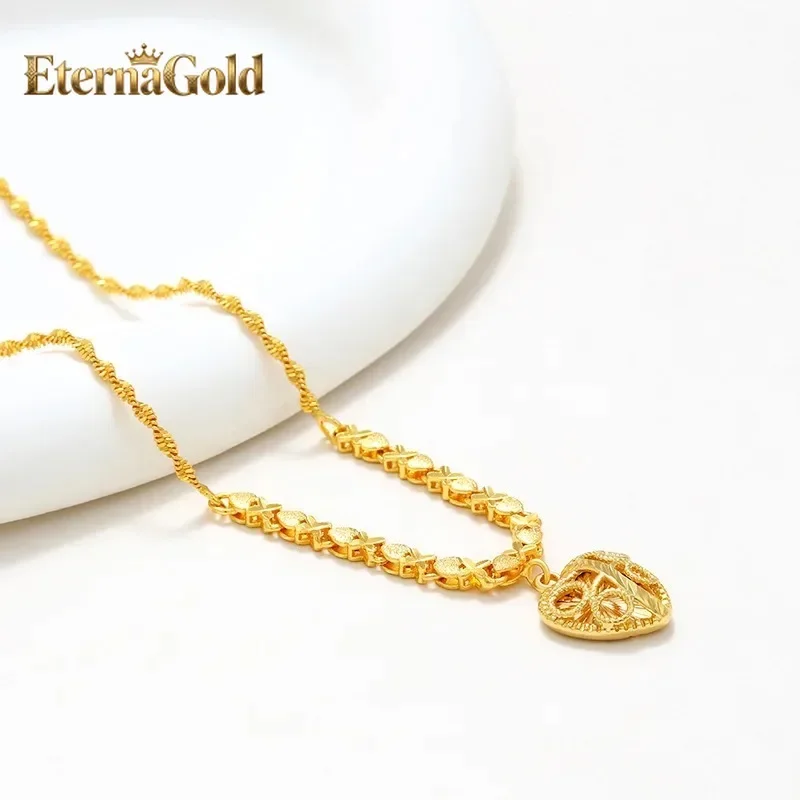 EternaGold Fashion 24K real gold Heart pendant water wave chain collar senior sense 999 gold vintage quality exquisite love neck
