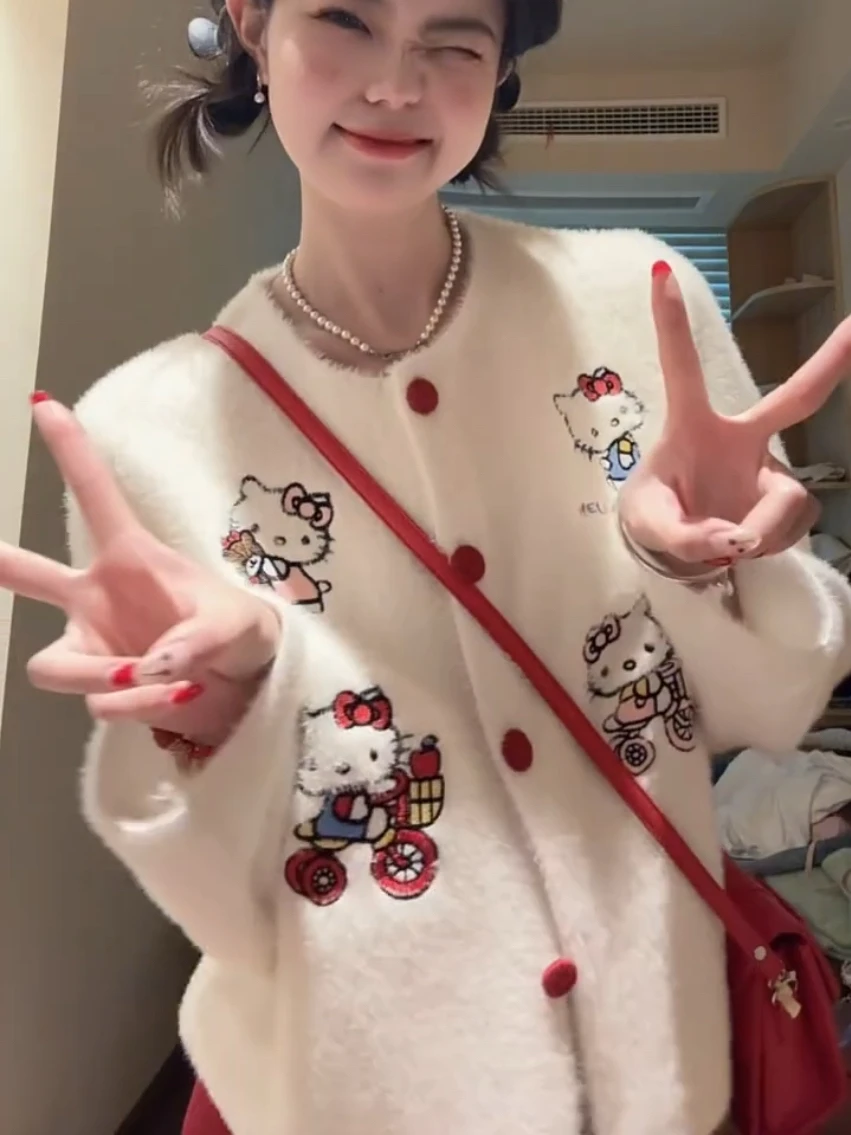 سترة كرتونية مطرزة بياقة مستديرة وكارديجان مفتوح محبوك للنساء بأسلوب كسول يناسب جميع الإطلالات لموسم الخريف والشتاء إصدار جديد