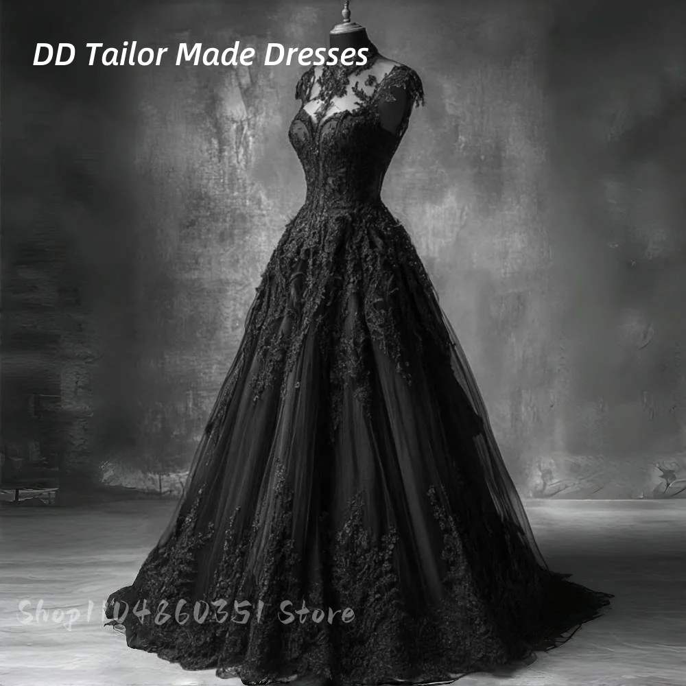 

Black Lace Gothic Wedding Dress A-Line Floor Length Vampire Bridal Gown Jewel Neck Sleeveless Vintage Vestidos Customized