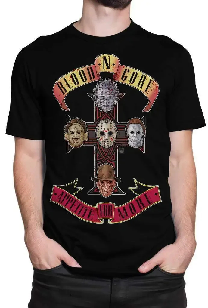 

Summer Cotton Short Sleeve O-Neck Men's T Shirt New Blood N Gore, Appetite for More. Classic Horror Movie Characters T-Shirt.