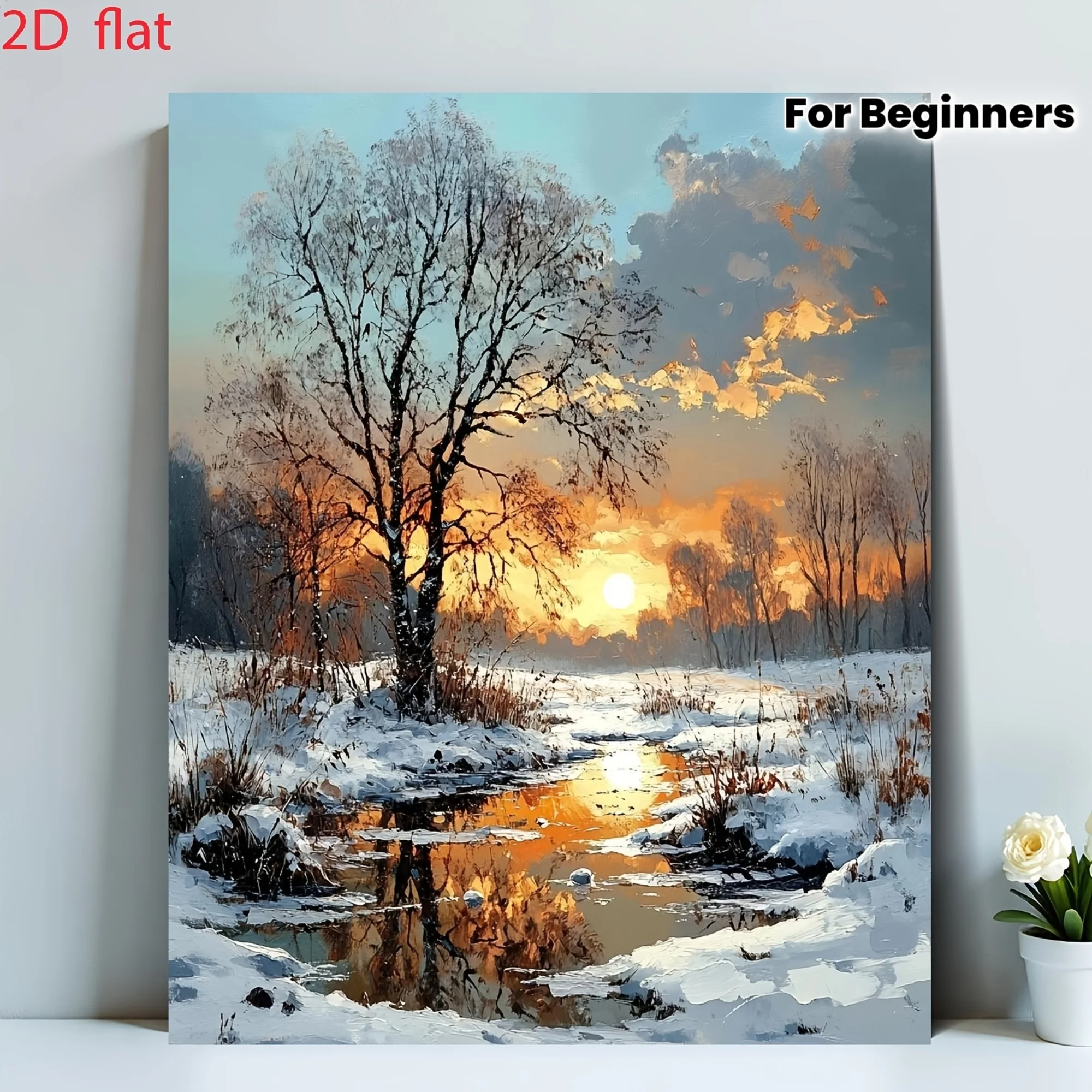 [2D Flat Frameless][Professional Art Use] 1 Set DIY Digital Oil Painting Kit for Beginners, Lone Tree and Stream in a Winter Sno