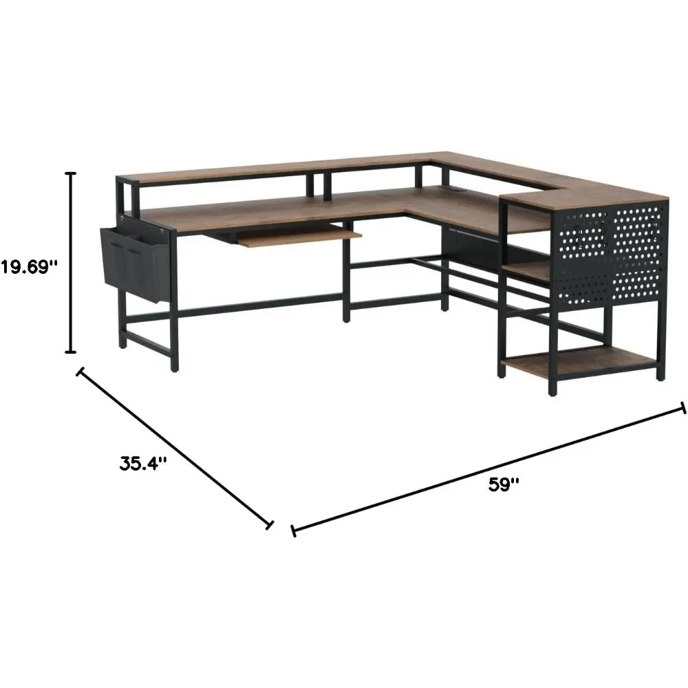 L Shaped Computer Desk, Reversible Computer Desks, L Shaped Desk with Power Outlets & LED Strip, Monitor Shelf, Keyboard
