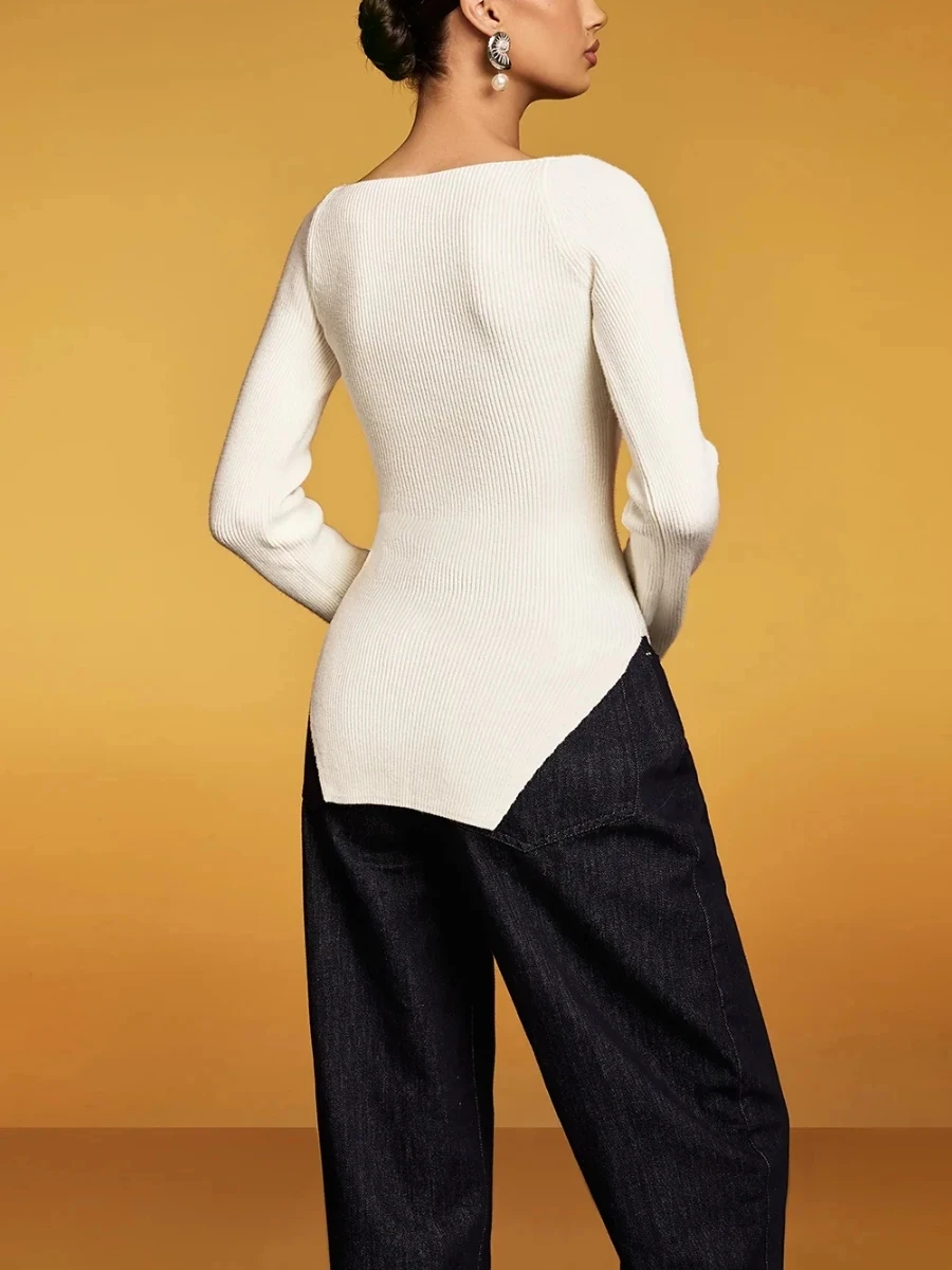 Vgh sólido versátil emendado metal malha topo para mulher pescoço quadrado mangas compridas fino assimétrico bainha temperamento camisola feminina