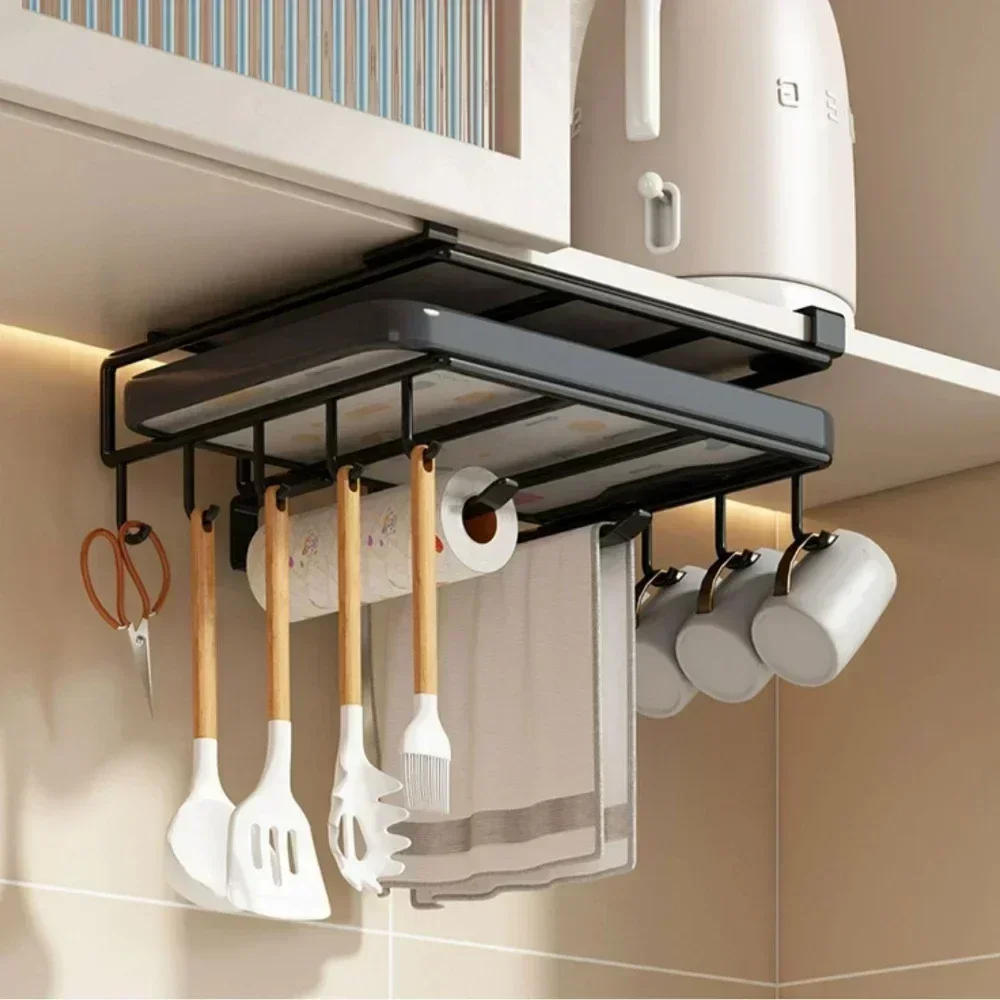 Kitchen Hanging Organizer Rack with Hooks Under Cupboard Paper Towel Hanger Pot Cover Holder Storage Shelf (No Wooden Board)