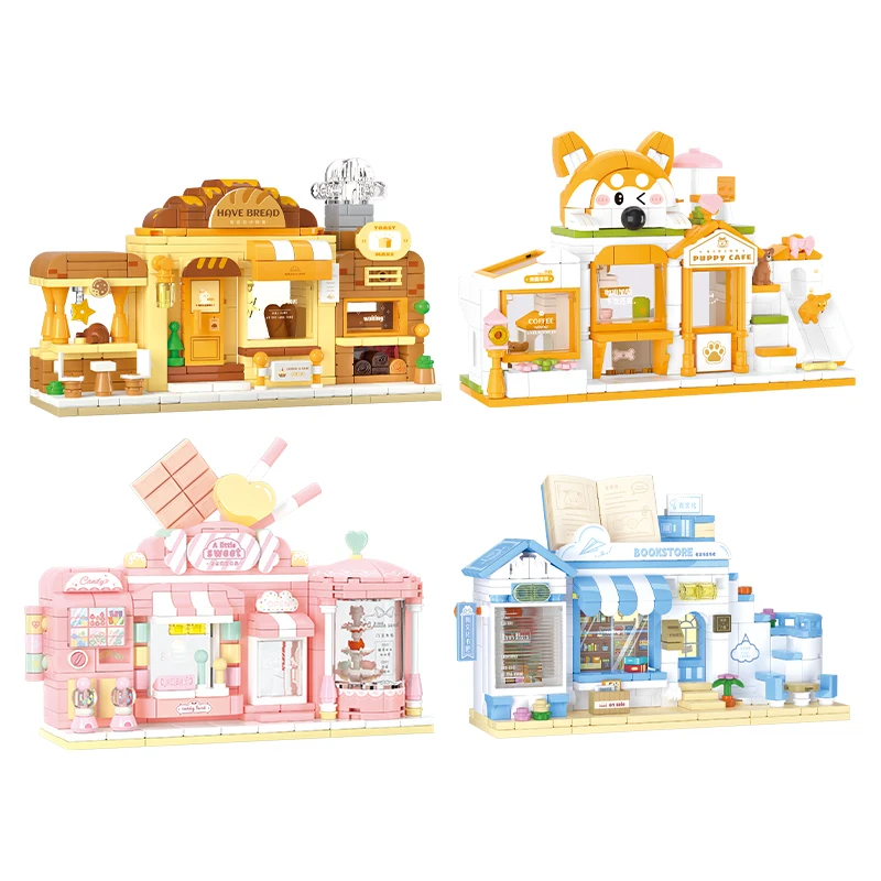 Coffee Candy Bakery Shop House Building Blocks Street View Library Store House Cute Blocks DIY Creative Toys Children Gift