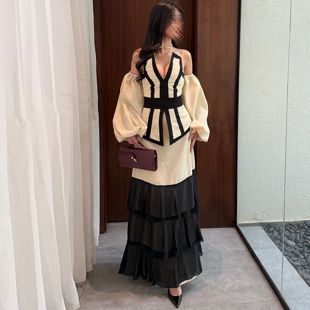 Fashion V-Neck Evening Dress Elegant Jersey Long Sleeves Customized Celebrity Gowns Delicate Contrast Color Prom Dresses