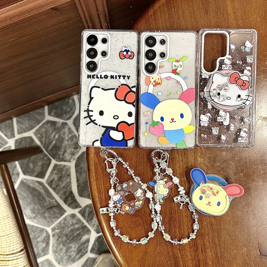 

Cute Hello Kitty Rainbow Rabbit Magnetic Phone Case for Samsung Galaxy S25 Ultra S24 Plus S22 S23 FE 5G Anime Shining Cover