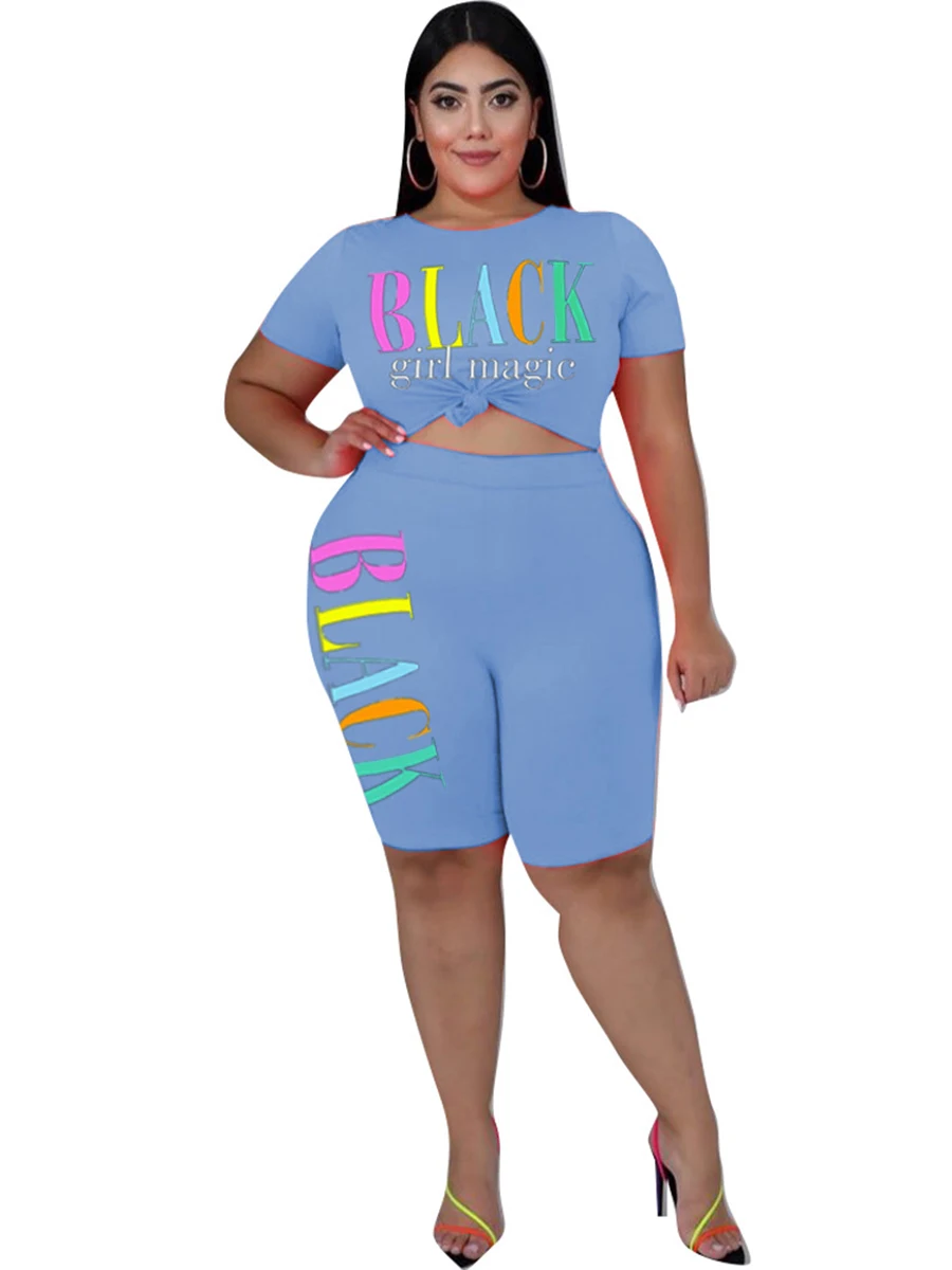 LW Plus Size shorts sets Letter Print Patchwork Shorts Set summer short sleeve T-shirt + shorts sets women\'s tracksuit Two piece