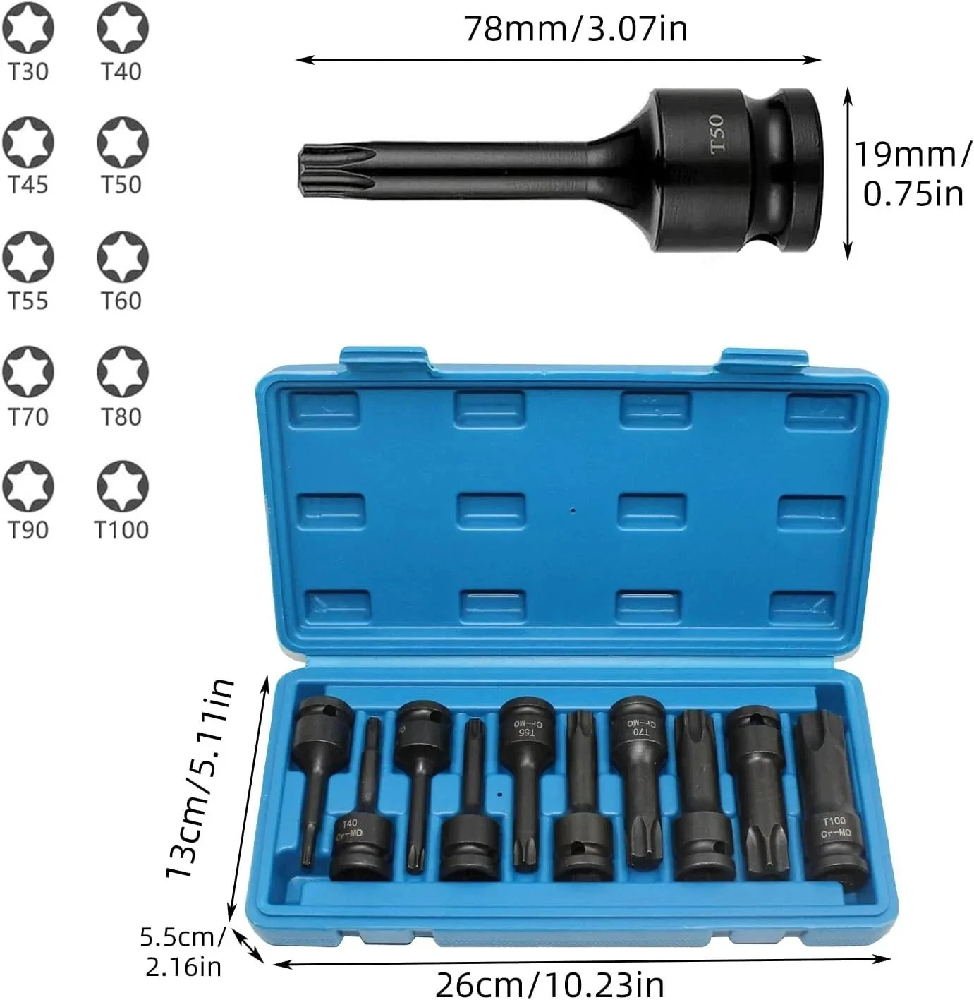 10Pcs 1/2 Drive T-Type Star Socket Bit Set Pneumatic Impact Wrench Repair Tools