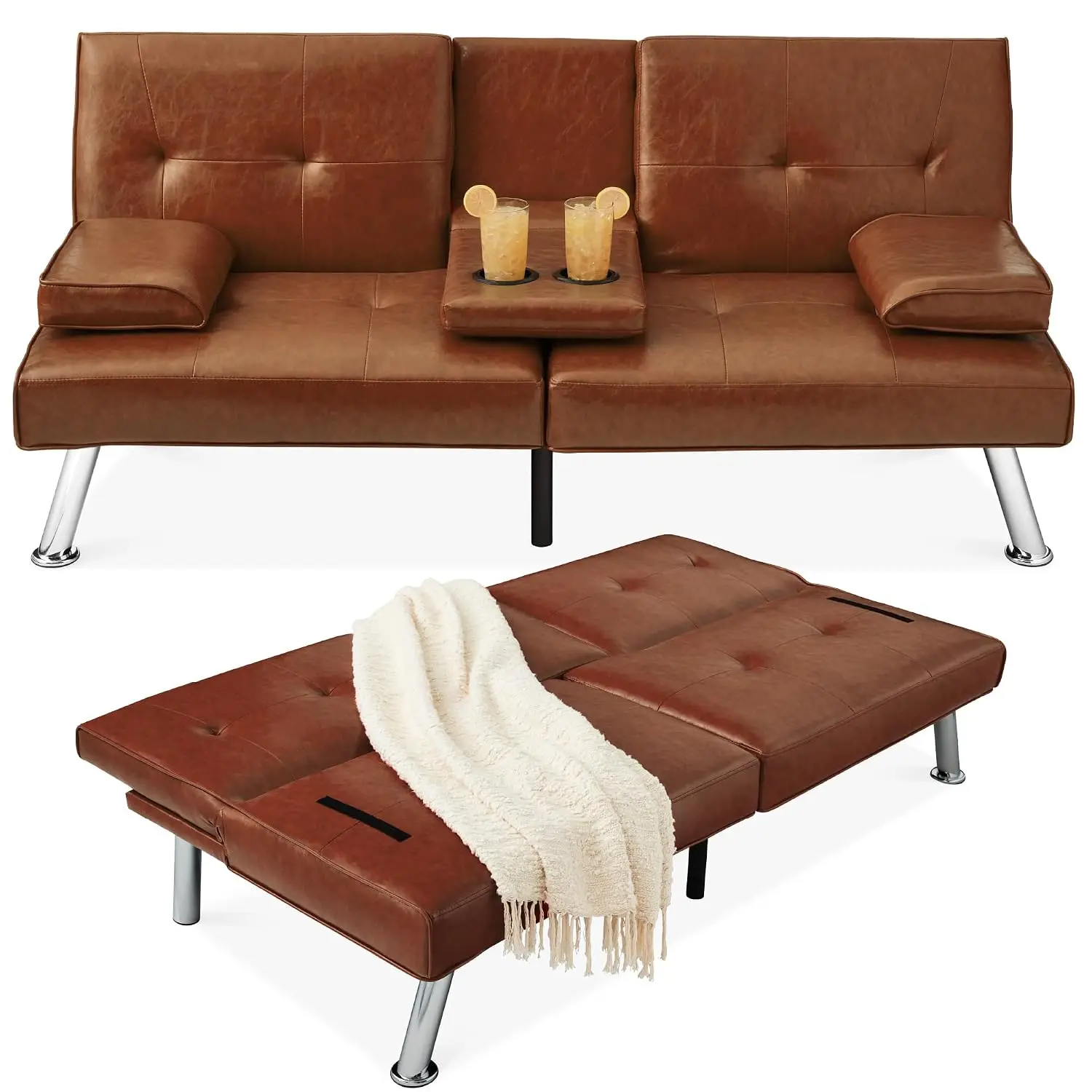 Faux Leather Modern Convertible Futon Sofa Bed, Adjustable Folding Guest Bed w/Removable Armrests, Medium Brown, Customized