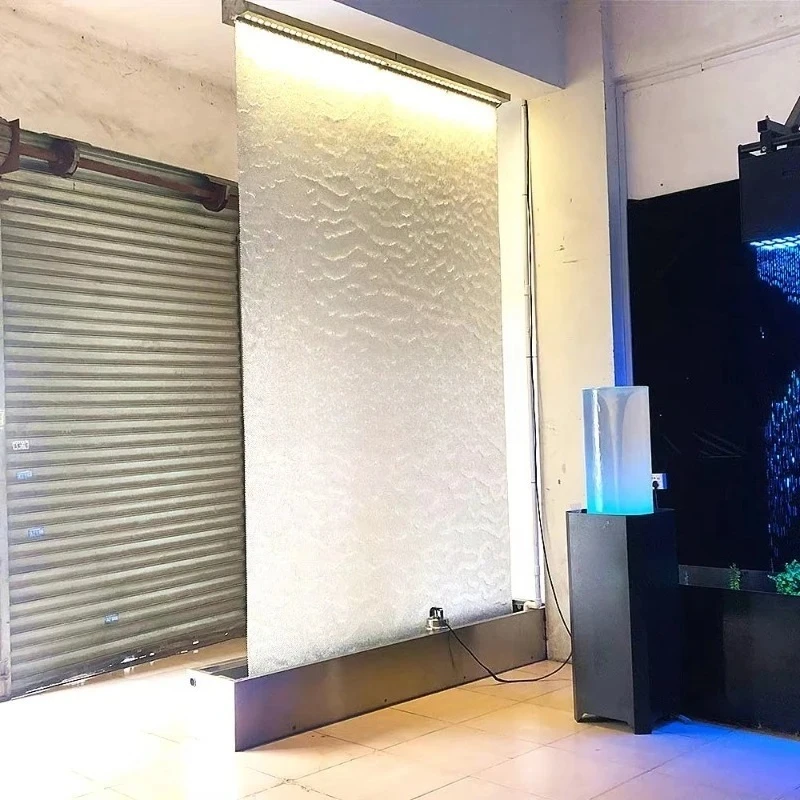 Modern  Style Indoor Decorative Waterfall  Wall - Movable Steel  Mesh  Water  Curtain Wall With Soothing Sound & Cozy  Warm Glow