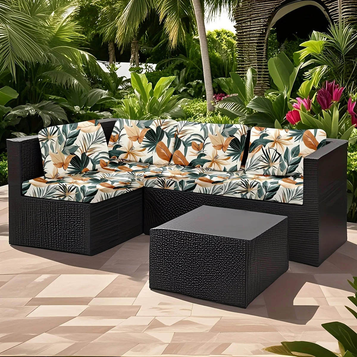 6/8pcs Tropical Palm Leaf & Flower Outdoor Patio Sofa Cushion Cover, Removable Washable Patio Furniture Slipcover