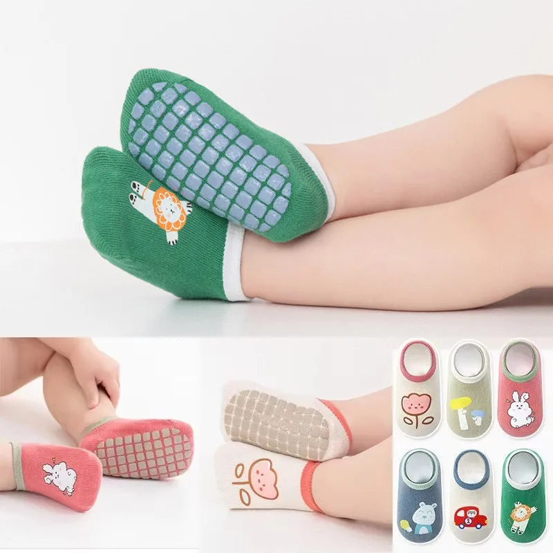 3 Paare/los Baby Rutschfeste Socken Baumwolle Lässige Cartoon-Druck Mädchen Jungen Kleinkind Bodensocken Mit Gummigriffen Für 0-3 Jahre