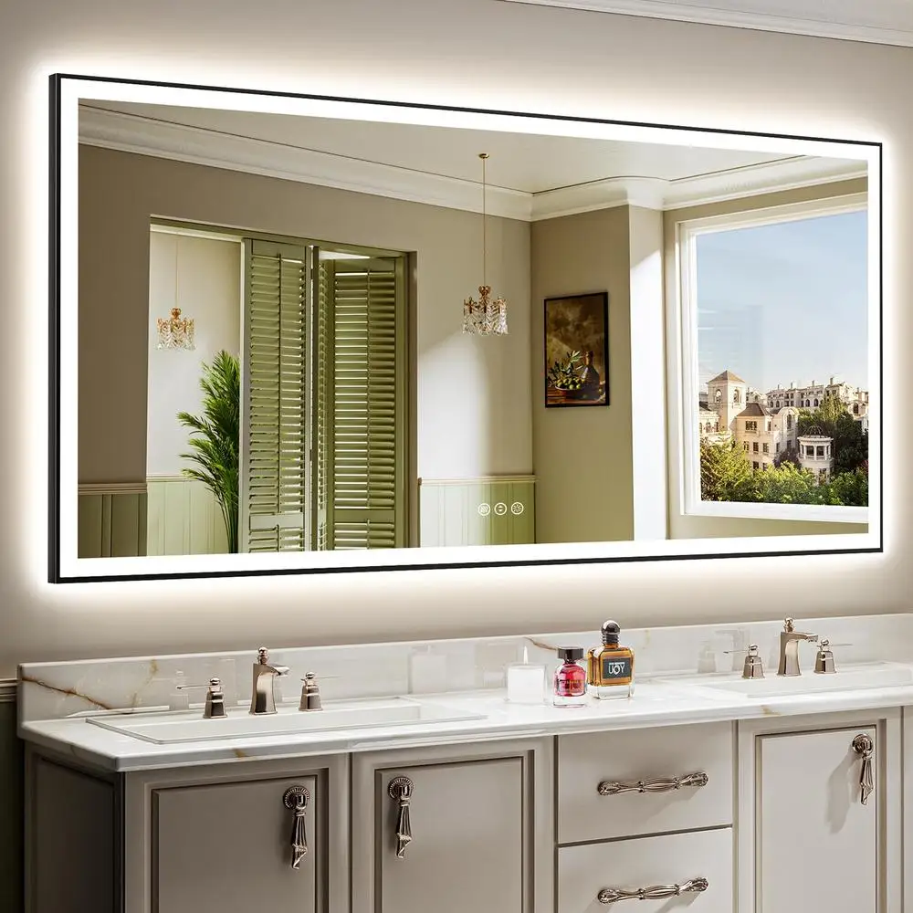 LED Bathroom Mirror 84x40 Inch Front and Backlit Black Frame Vanity Mirror Wall Mounted Dimmable Lighted Mirror Anti-Fog