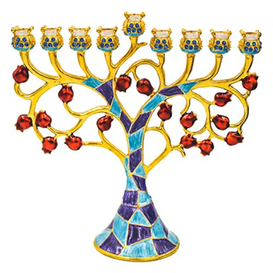 

Hand Painted Pomegranate Menorah Menorah Jeweled and Gold Plated Tree with Red Flowers Mosaic Jeweled and Gold Plated Tree with