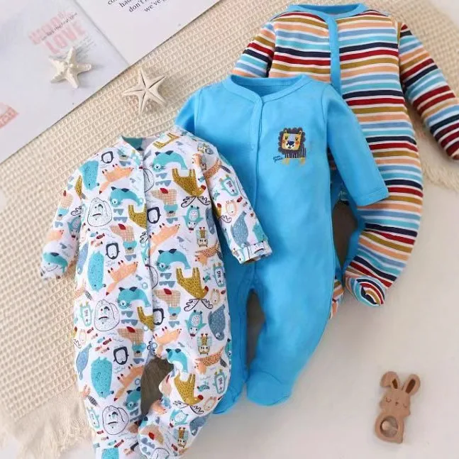 Somenie Cotton cross-border new 3-piece set of baby long crawling cartoon rabbit flower butterfly pattern with detachable feet