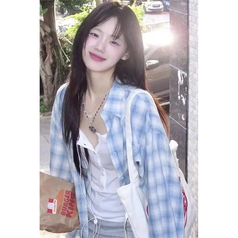 original-korean-blue-plaid-sun-protection-shirt-summer-lazy-new-casual-loose-long-sleeve-blouse-top-coat-for-women