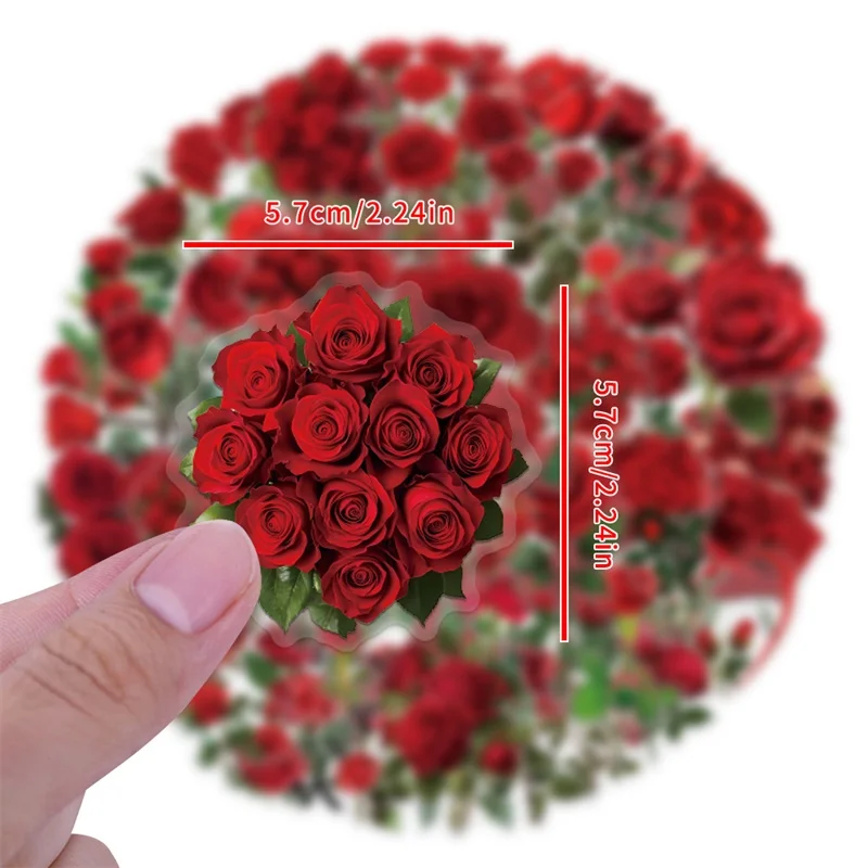 60PCS Kawaii Red Rose PET Sticker Aesthetic Hand Accounting Transparent DIY Colored Children's Decoration Scrapbooking Supplies