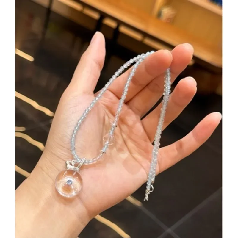 White crystal safety buckle necklace, blue topa cut bead chain, elegant and fresh girl crystal necklace.