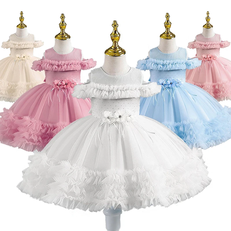 Flower Toddler Baby Girl White Fluffy Tulle Christening Dress Luxury One-year-old Birthday Elegant Party Ceremony Infant Gowns