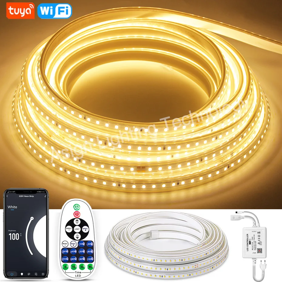 Tira de luces LED inteligente Tuya, cinta Flexible de 220V, resistente al agua, regulable, cálida/blanca, 2835SMD, Control remoto/Bluetooth/aplicación Wifi, Alexa