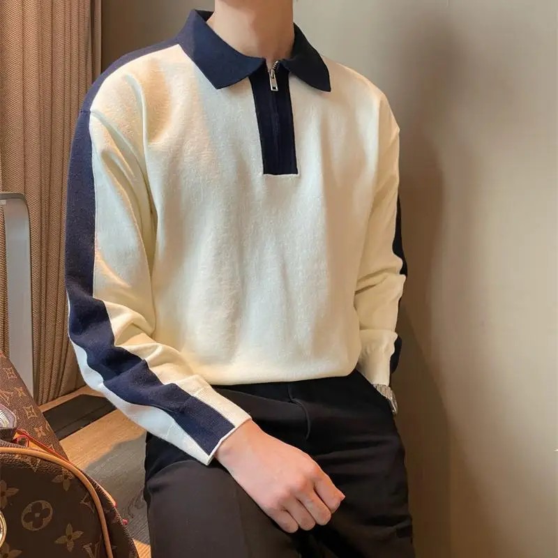 

Contrasting Colors Patchwork T-shirts 2024 Autumn Winter Long Sleeve Men's Clothing Polo-Neck Fashion Zipper Knitted Polo Shirts