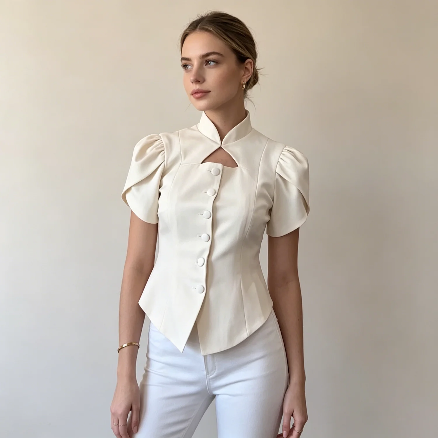

LIMO Women Elegant Blouse Stand Collar Hollow Out Puff Sleeve Button Slim Fit Shirt Office Lady Solid Color Top