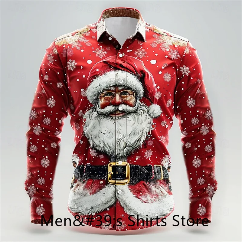 Happy New Year Santa Claus Casual Men\'s Button Shirt Long Sleeve Party Evening Daily Autumn Winter Spring Summer Lapel Shirt Red