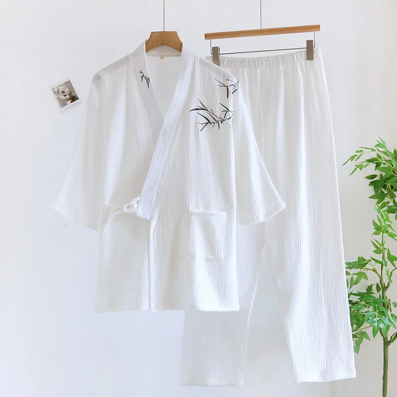 ผู้ชายชุดนอนผ้าฝ้าย 100% Loungewearฤดูใบไม้ผลิฤดูร้อนใหม่Vคอชุดนอนเซ็กซี่ไม้ไผ่พิมพ์ 2PCSกางเกงชุดนอน