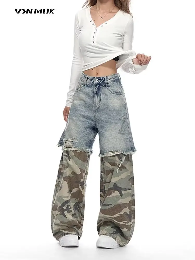 Mulheres retalhos baggy y2k jeans rasgados harajuku azul emendado jeans falso duas peças soltas calças retas hip-hop