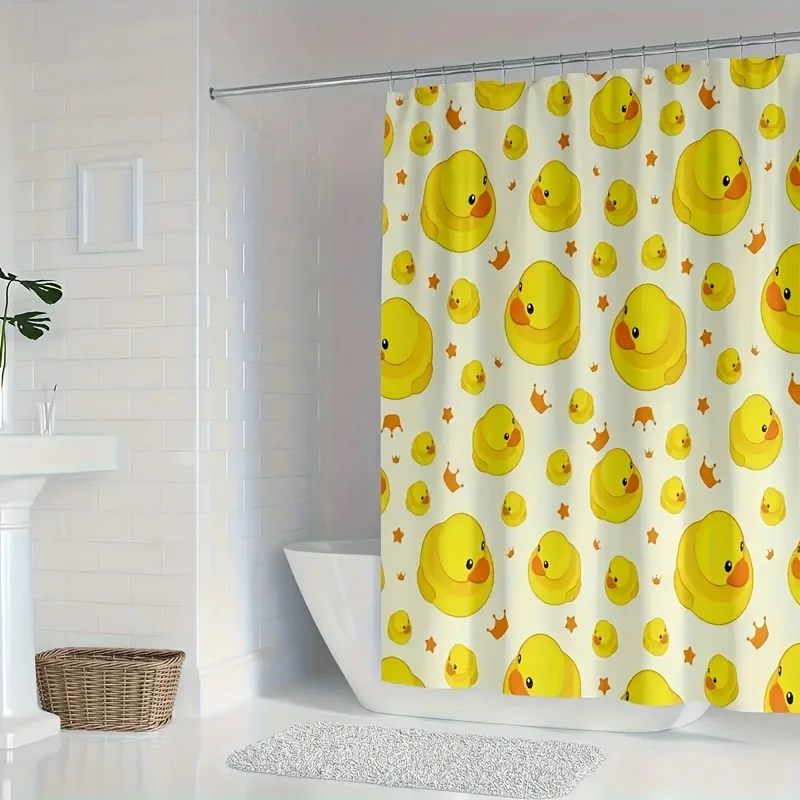 1pc Cartoon Cute Themed Shower Curtain Features Yellow Ducks, Orange Crowns, And Star Patterns, Creating a Fresh And Cheerful At
